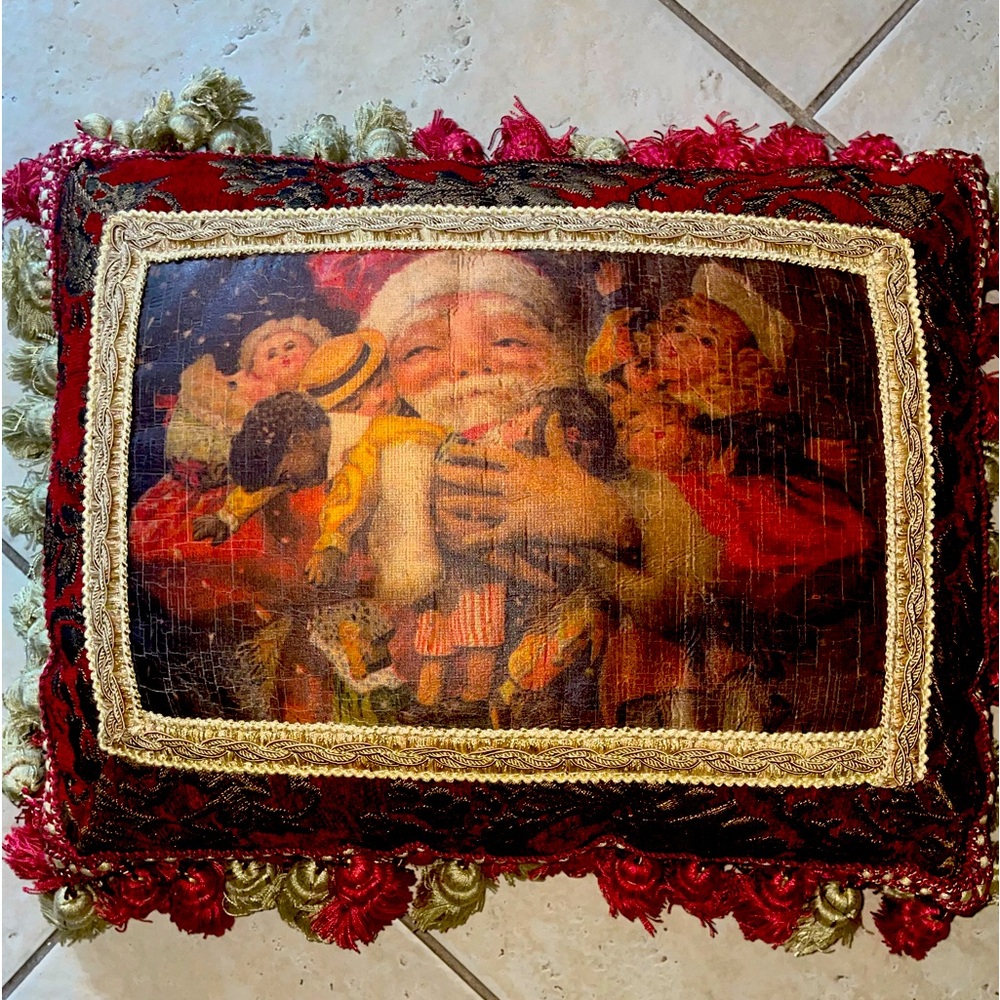 Xmas burgundy & taupe tapestry accent pillow  with Santa and dolls